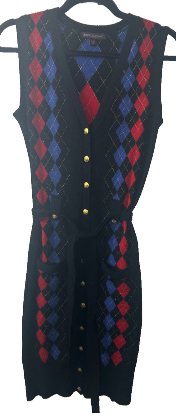 Betsey Johnson M Argyle Sweater Vest Dress Academia Preppy Y2K Merino Belt B9